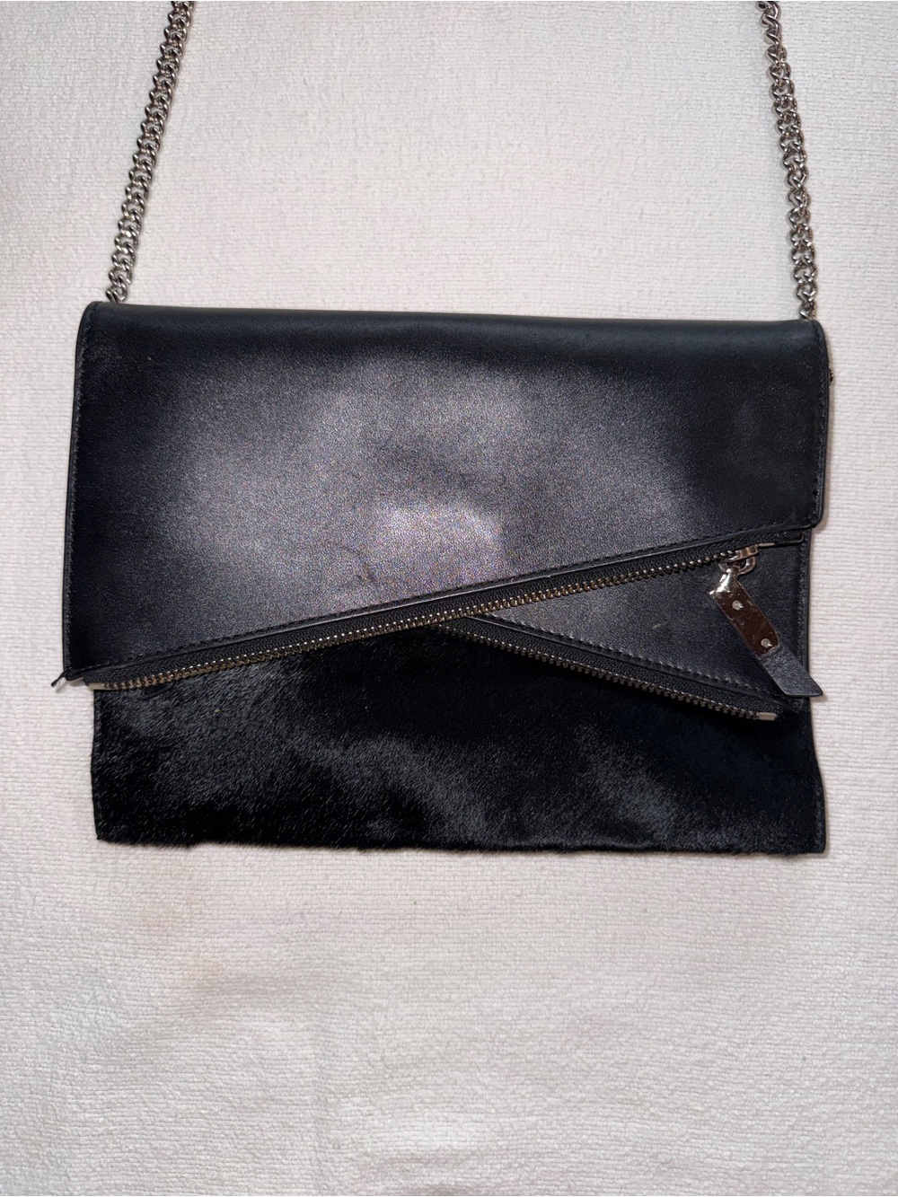 Henri Bendel Black Leather & Haircalf Crossbody Bag with Chain Strap